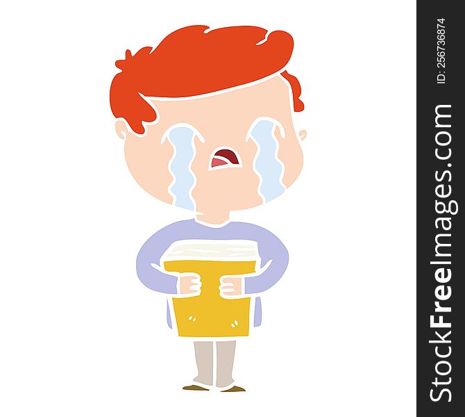 Flat Color Style Cartoon Man Crying Holding Book