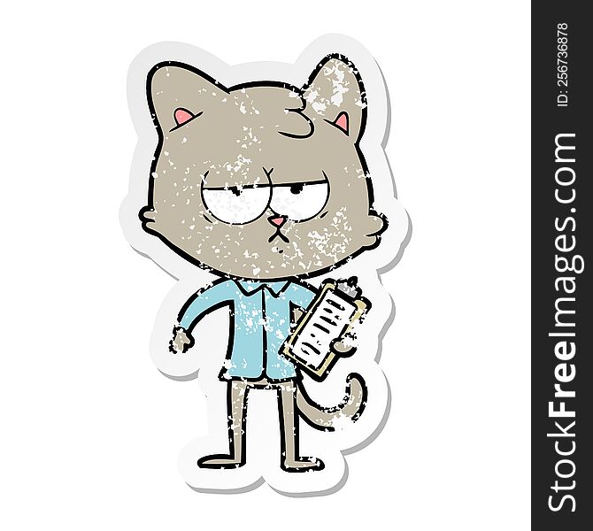 distressed sticker of a bored cartoon cat taking survey
