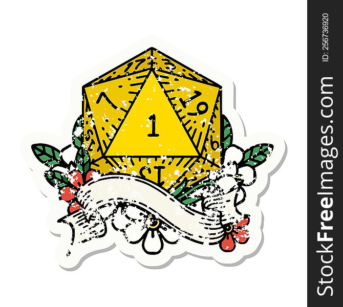 natural one d20 dice roll grunge sticker