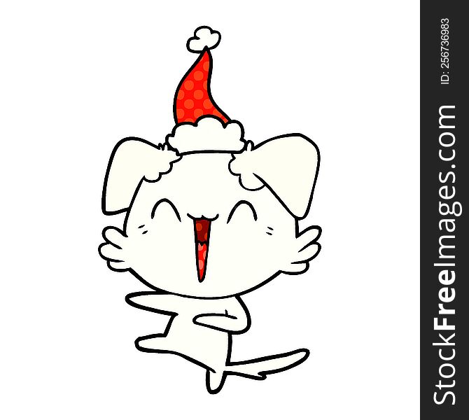 happy dancing dog hand drawn comic book style illustration of a wearing santa hat