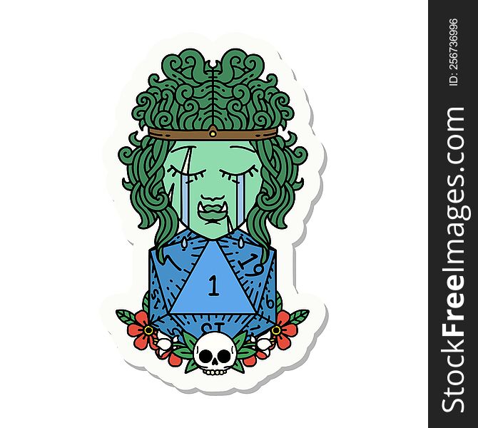 sticker of a sad orc barbarian character face with natural one d20 roll. sticker of a sad orc barbarian character face with natural one d20 roll