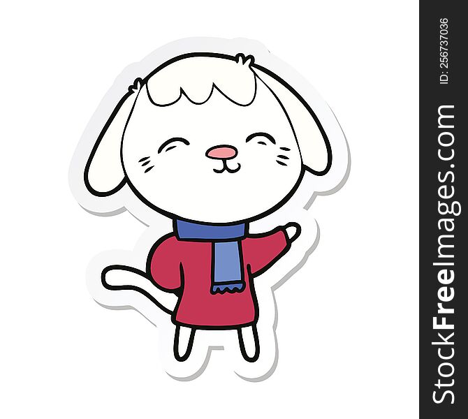 sticker of a happy cartoon dog in winter clothes
