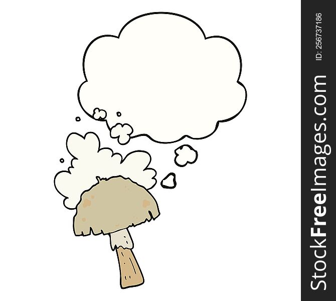 cartoon mushroom with spore cloud with thought bubble