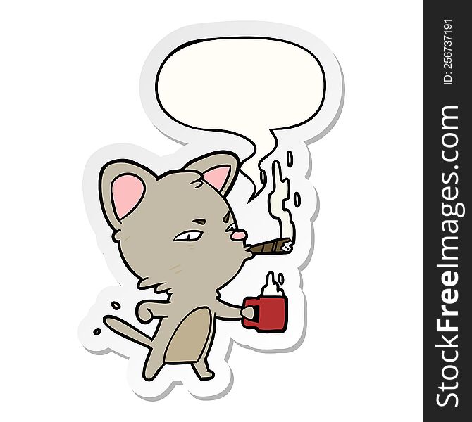 cartoon serious business cat with coffee and cigar with speech bubble sticker. cartoon serious business cat with coffee and cigar with speech bubble sticker