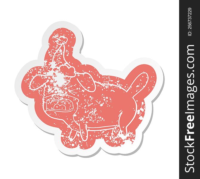 Cartoon Distressed Sticker Of A Dog Barking Wearing Santa Hat