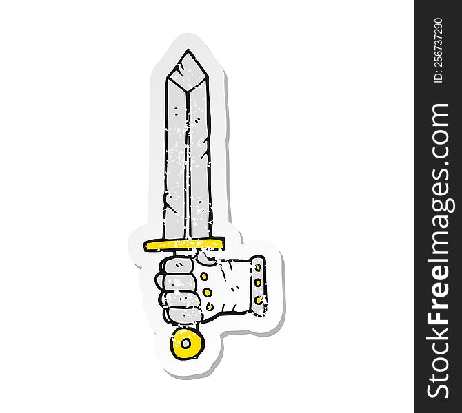 retro distressed sticker of a cartoon hand holding sword