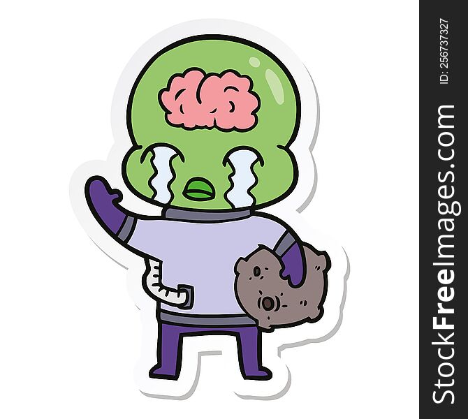 sticker of a cartoon big brain alien crying and waving goodbye