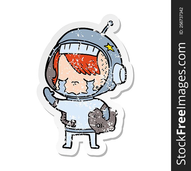 distressed sticker of a cartoon crying astronaut girl carrying rock sample