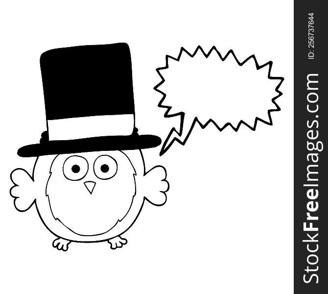 freehand drawn speech bubble cartoon owl wearing top hat