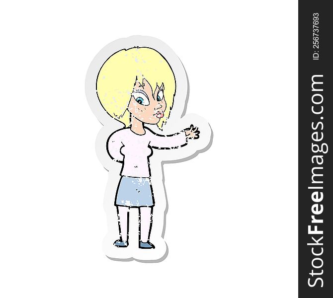 Retro Distressed Sticker Of A Cartoon Woman Making Welcome Gesture