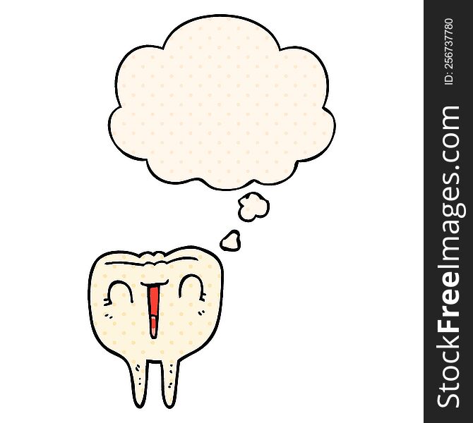 Cartoon Happy Tooth And Thought Bubble In Comic Book Style