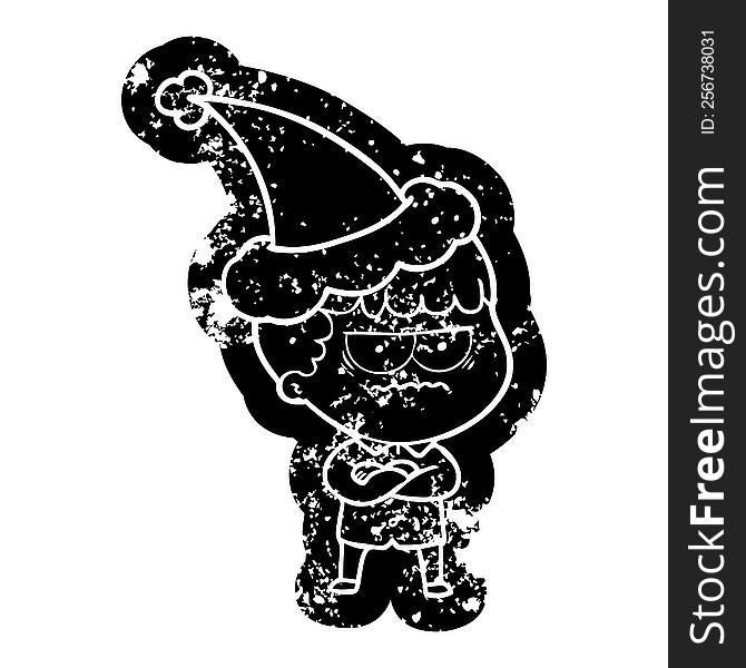 quirky cartoon distressed icon of an annoyed man wearing santa hat
