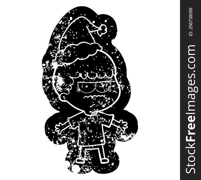 quirky cartoon distressed icon of a angry man wearing santa hat