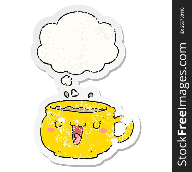 cute cartoon coffee cup with thought bubble as a distressed worn sticker