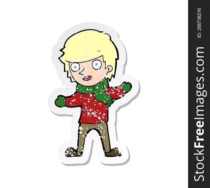 Retro Distressed Sticker Of A Cartoon Boy In Winter Clothes