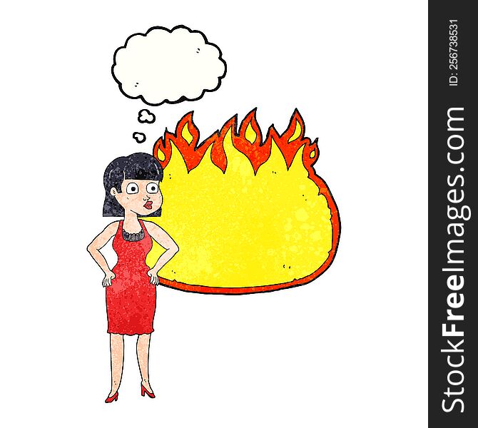 thought bubble textured cartoon woman in dress with hands on hips and flame banner