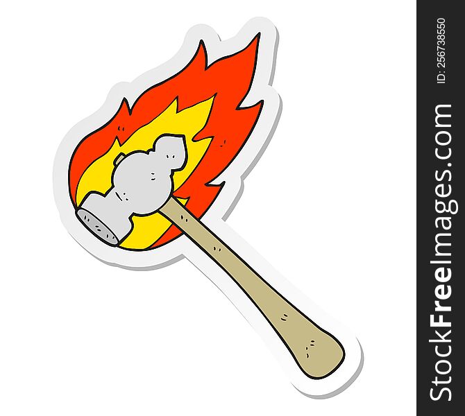 sticker of a cartoon flaming hammer