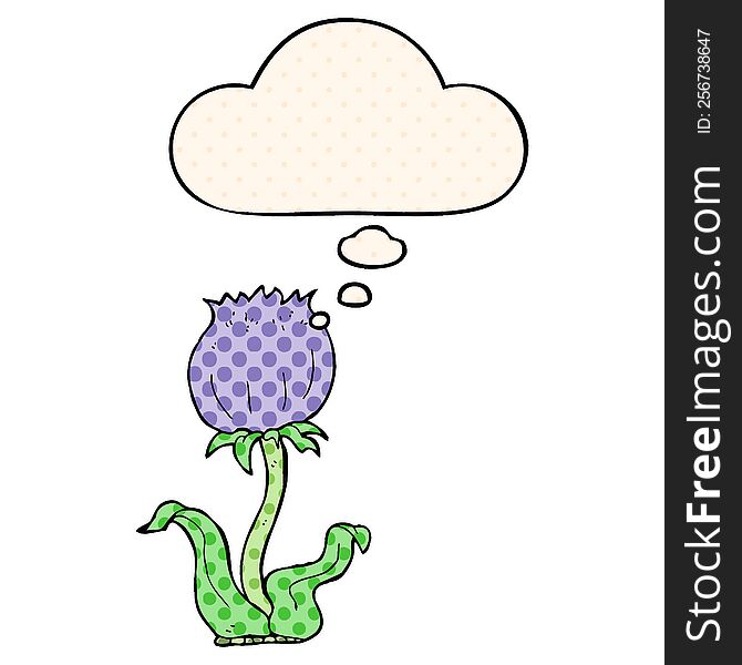 cartoon wild flower with thought bubble in comic book style