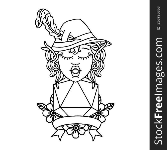 Black and White Tattoo linework Style elf bard with natural twenty dice roll. Black and White Tattoo linework Style elf bard with natural twenty dice roll