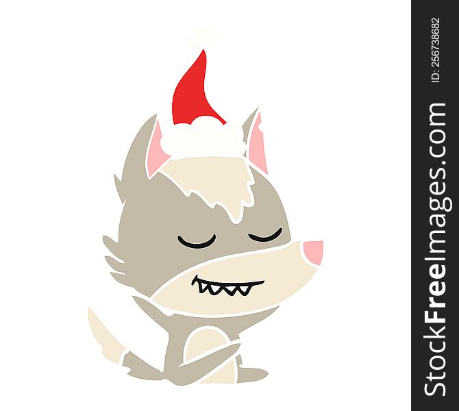 Friendly Flat Color Illustration Of A Wolf Sitting Wearing Santa Hat