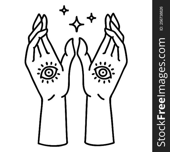 tattoo in black line style of mystic hands. tattoo in black line style of mystic hands