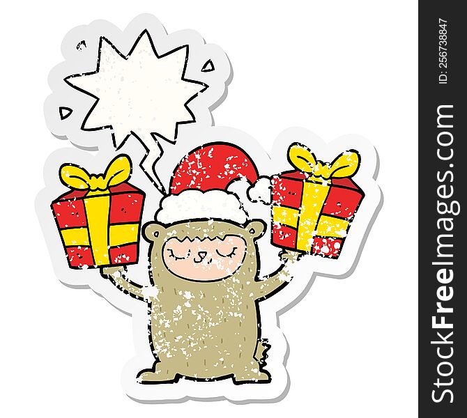 Cartoon Christmas Bear And Speech Bubble Distressed Sticker