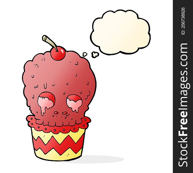 spooky skull cupcake cartoon with thought bubble