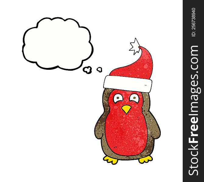 Thought Bubble Textured Cartoon Christmas Robin Wearing Santa Hat