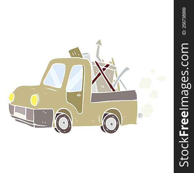 flat color style cartoon old truck full of junk