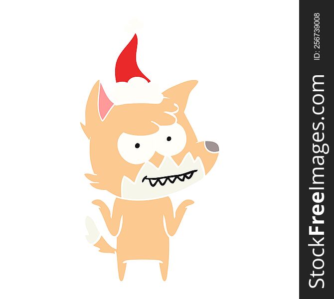 Flat Color Illustration Of A Grinning Fox Wearing Santa Hat