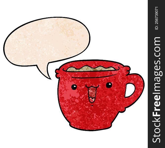 cute cartoon coffee cup with speech bubble in retro texture style