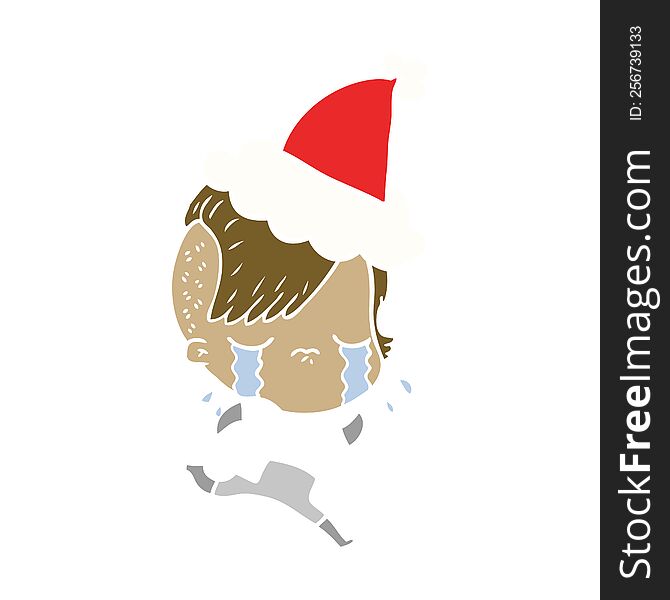 flat color illustration of a crying girl wearing space clothes wearing santa hat