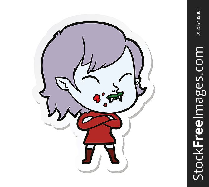 sticker of a cartoon vampire girl with blood on cheek