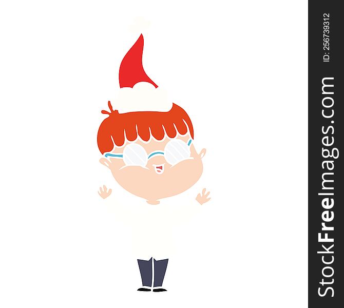 flat color illustration of a boy wearing spectacles wearing santa hat