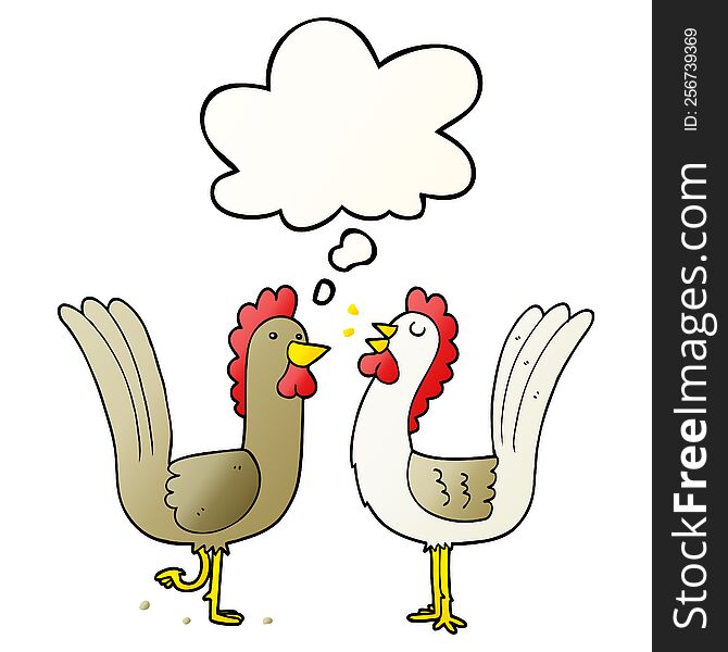 cartoon chickens with thought bubble in smooth gradient style