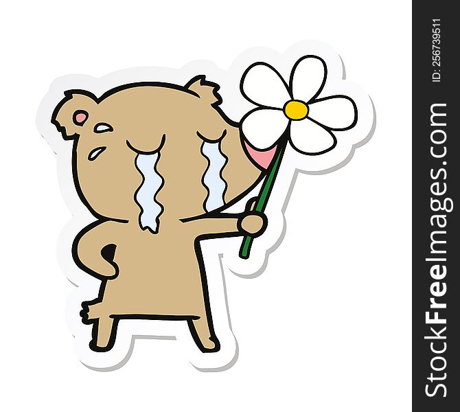 sticker of a cartoon crying bear with flower