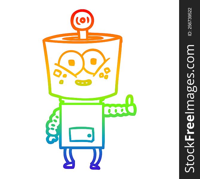 rainbow gradient line drawing of a happy cartoon robot giving thumbs up