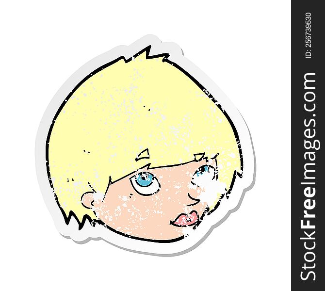 retro distressed sticker of a cartoon female face looking up