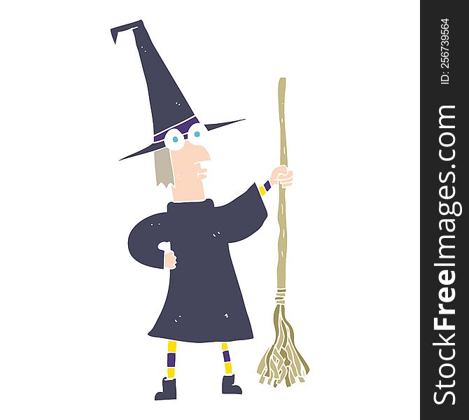 Flat Color Illustration Of A Cartoon Witch With Broom