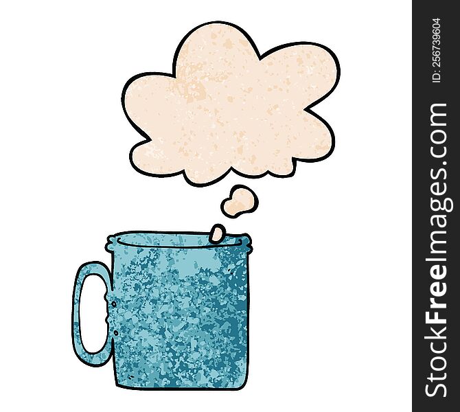 cartoon camping cup of coffee with thought bubble in grunge texture style. cartoon camping cup of coffee with thought bubble in grunge texture style