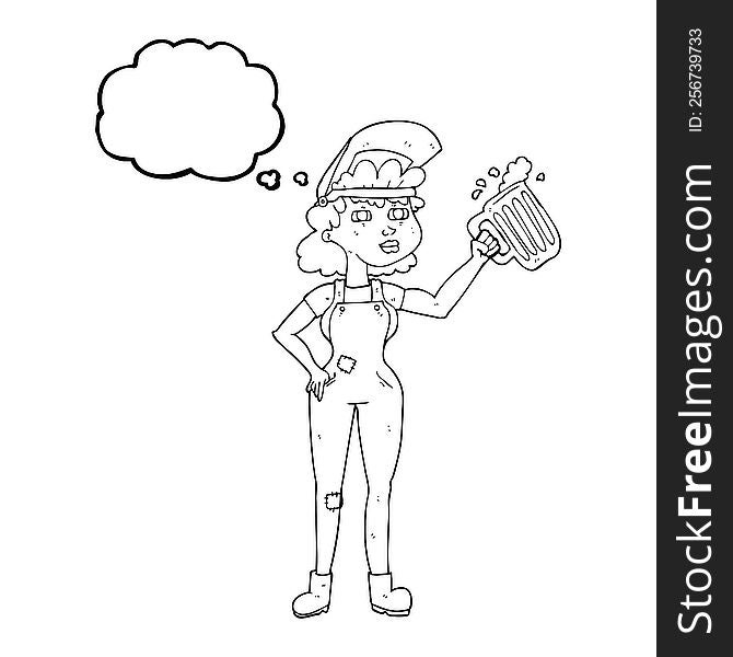 freehand drawn thought bubble cartoon hard working woman with beer