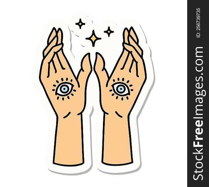 sticker of tattoo in traditional style of mystic hands. sticker of tattoo in traditional style of mystic hands