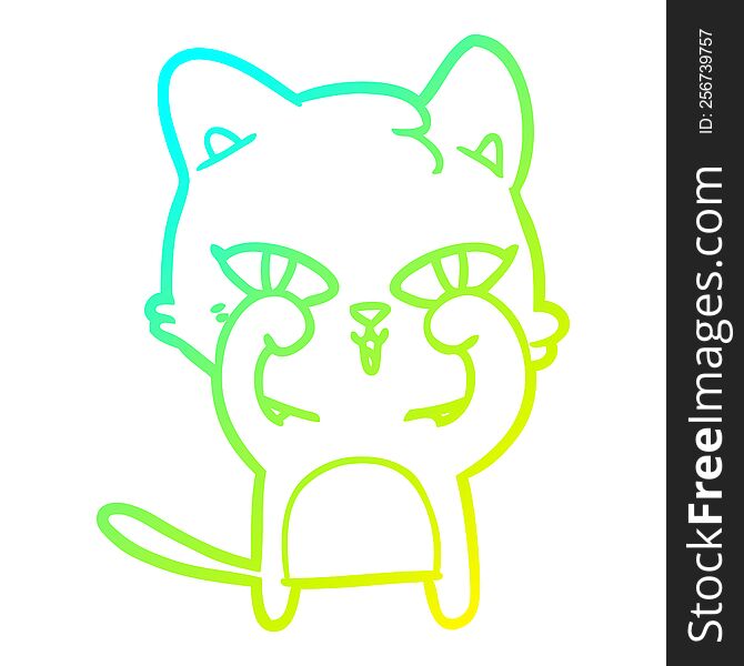 Cold Gradient Line Drawing Cartoon Cat Rubbing Eyes