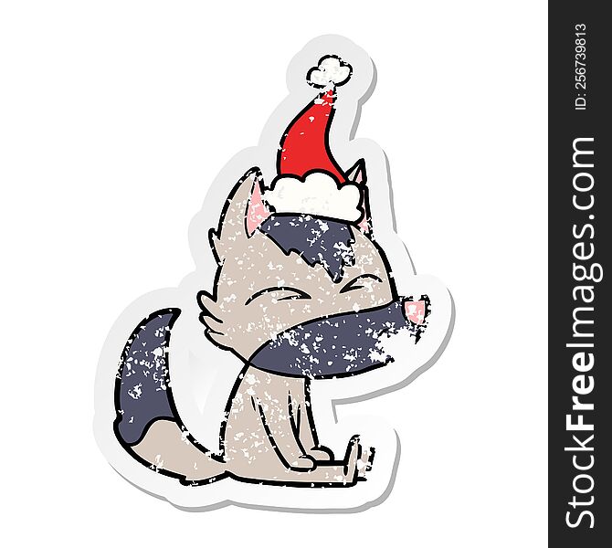 Distressed Sticker Cartoon Of A Wolf Whistling Wearing Santa Hat