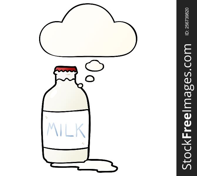 cartoon milk bottle with thought bubble in smooth gradient style