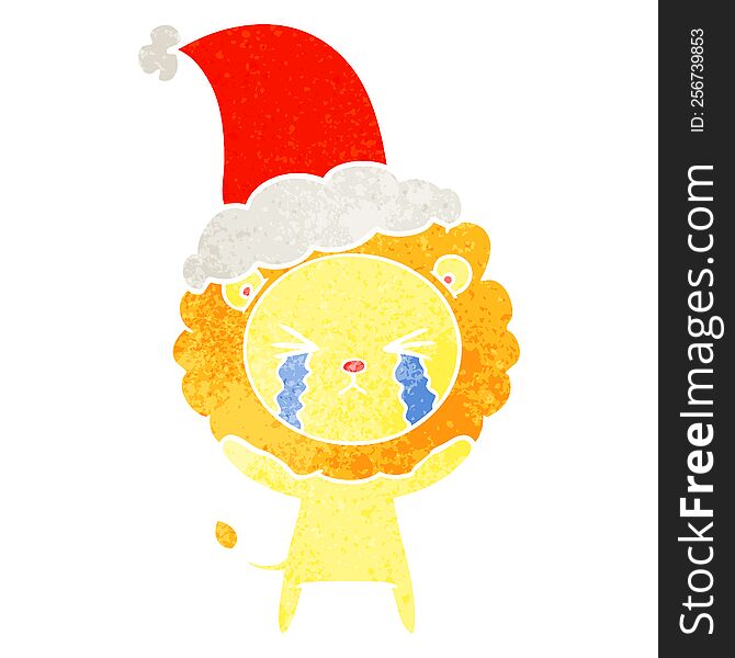 Retro Cartoon Of A Crying Lion Wearing Santa Hat