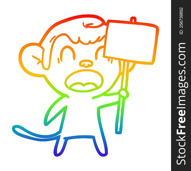 Rainbow Gradient Line Drawing Shouting Cartoon Monkey