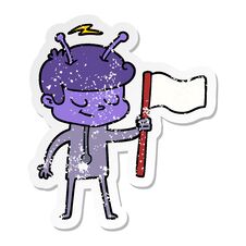 Distressed Sticker Of A Friendly Cartoon Spaceman With White Flag Royalty Free Stock Photos