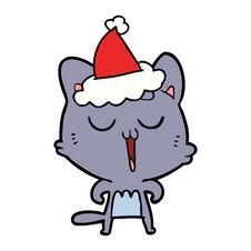 Line Drawing Of A Cat Singing Wearing Santa Hat Stock Photo