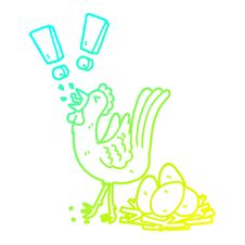 Cold Gradient Line Drawing Cartoon Chicken Laying Egg Stock Photo